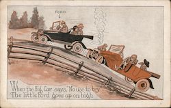 "When the big car says 'no use to try', the little Ford goes up on high" Postcard