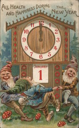 New Year - Three Gnomes Dancing Around Clock Postcard