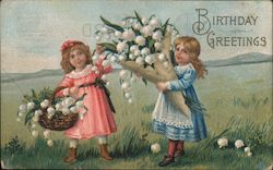 Birthday Greetings - Two Girls w/ White Blossomed Flowers Postcard