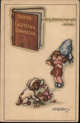 Girl with Dog Eating Doll and Not Book, "La Divina Commedia" Comic, Funny Postcard Postcard Postcard