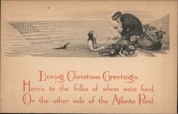 Santa giving mermaid a Christmas letter with an American Flag in the water next to mermai Postcard