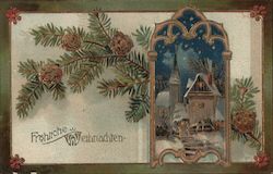 Snow covered house with a backdrop of pinecones and fir branch Christmas Postcard Postcard Postcard