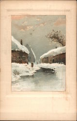 Snow scene with a Person by a River and Houses Postcard