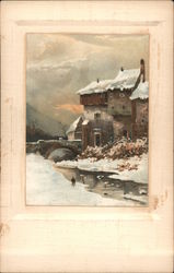 Winter, Snowy town near river with bridge Art Postcard Postcard Postcard