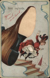 Giant shoe knocking girl down stairs: "Best Regards Postcard