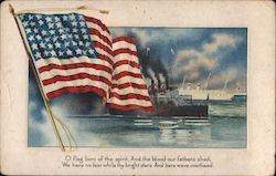 American Flag in Front of Ocean and Ship Background Postcard