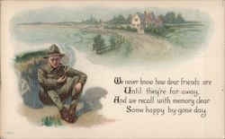 Soldier Sitting on the Ground, Home in the Background Postcard