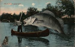 The fishing is great here"- Man in Canoe w/ Large Fish in Lake Exaggeration Postcard Postcard Postcard