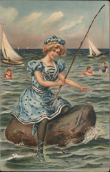 Girl seated on rock fishing Postcard