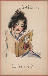 Valentine Which? - Woman Looking at Book 'Dollars and Sense' Comic Postcard Postcard Postcard