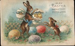 May Easter Bring Thee Many Joys - Two Rabbits with Chicks and Eggs With Bunnies Postcard Postcard Postcard