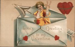 Boy Emerging from Envelope: Love's Greeting to my Valentine Postcard