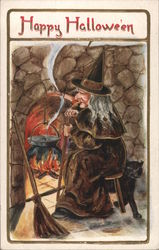 Witch Watching Cauldron in Fireplace Postcard