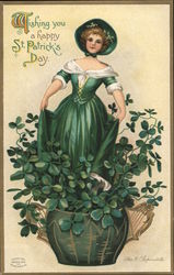 Wishing you a happy St. Patrick's Day, Girl wearing green with a bonnet in a vase filled with clover Postcard