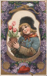 To my Valentine - Girl Holding Potted Tulips Postcard