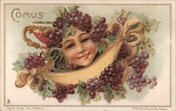 Carnival Comus - face in grapes over banner Postcard Postcard Postcard