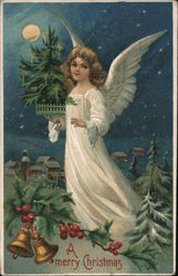 A merry Christmas - Angel Holding Christmas Tree Angels Postcard Postcard Postcard