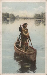 Native Standing in Canoe Native Americana Postcard Postcard Postcard