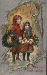 Children in the woods with wreaths: "Merry Christmas" Postcard