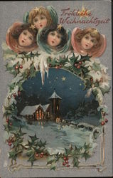 4 angelic faces seemingly singing christmas carols on a snowfilled night sky Children Postcard Postcard Postcard