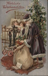 Tuck's Christmas Past 138 - "Fröhliche Weihnachten" - Santa w/ Bag Visits Sleeping Children Postcard