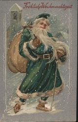 Frohliche Weihnachtozeit - Santa Carrying a Bag Walking in a Snowstorm Santa Claus Postcard Postcard Postcard