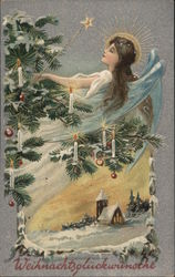 An angel looking at a Christmas tree Angels Postcard Postcard Postcard