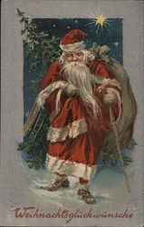 Santa Claus walking with a cane and a bag of toys on his back Postcard Postcard Postcard