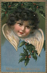 Tuck's Christmas Series 505 - "Fröhliche Weihnachten!" - Angel w/ Holly Branches Postcard