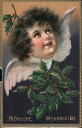 Tuck's Christmas Series 505 - "Fröhliche Weihnachten" - Dark-haired Angel w/ Holly Branch Postcard