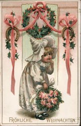 Young girl with bouquet of flowers: "Merry Christmas" Postcard