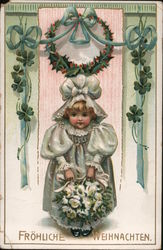 Frohliche Weihnachten Little Girl Holding Flowers, Holly Wreath Children Postcard Postcard Postcard