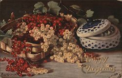 Merry Christmas - Red & White Holly Berries in a Basket Postcard