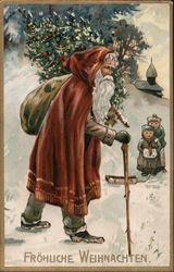 Father Christmas walking by 2 little kids Postcard