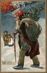 Children watching as Santa Claus walk by with a sack full of toys Postcard