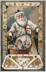 Santa Claus is standing in front of a basket full of toys Postcard