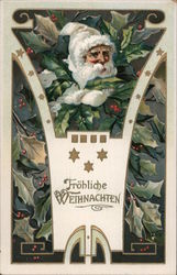 Tuck's Christmas Series 505 - "Fröhliche Weihnachten" - Father Christmas and Holly Branches Postcard