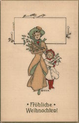 "Fröhliche Weihnachten!" - Woman and child carrying holly branches Postcard