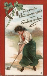 Woman Golfing, Horseshoe and Clover Postcard