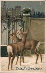 Frohe Weihnachten! Two Deer at Gate Postcard