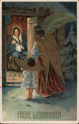 Two angels looking in on the Virgin Mary and Baby Jesus Postcard