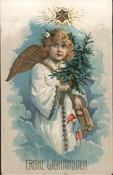 Frohe Weihnachten Girl Dressed like an angel in clouds holding toys and a fir tree with a star above Angels Postcard Postcard Postcard