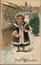 A child standing in the snow handing out a gift wrapped package. Postcard