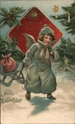 Child pulling sled: "Merry Christmas!" Postcard