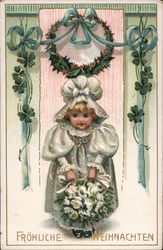 Young girl with bouquet of flowers: "Merry Christmas" Postcard