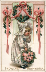 Frohliche Weinachten - Child with Wreath Children Postcard Postcard Postcard