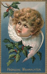 Frohliche Weihnachten Angel Face and Holly Postcard