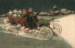 Children riding clock car: "Best wishes for the new year! Postcard