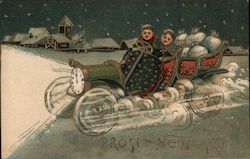 Two boys in a speeding car: "Happy New Year" Postcard