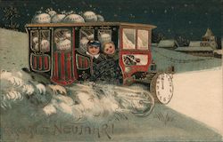 Children riding clock train: "Happy New Year!" Postcard